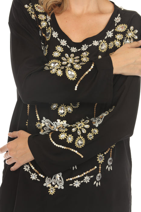 Johnny Was Biya Black Embellished Long Sleeve Top C27222