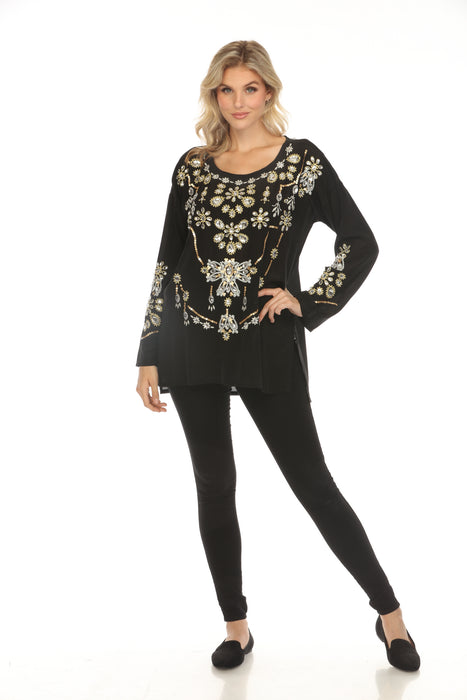 Johnny Was Biya Black Embellished Long Sleeve Top C27222