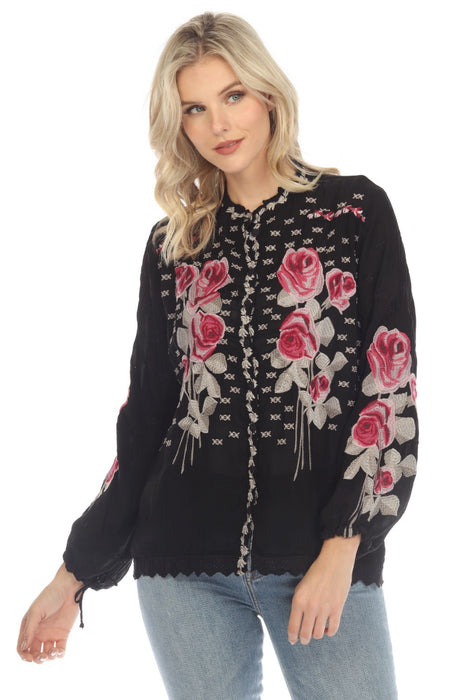 Johnny Was Style C17022 Black Rosalia Floral Embroidered Long Sleeve Blouse Boho Chic