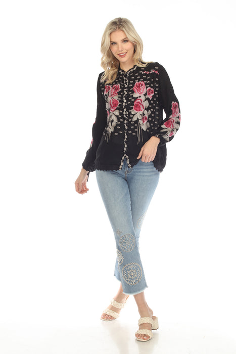 Johnny Was Rosalia Floral Embroidered Long Sleeve Blouse Boho Chic C17022