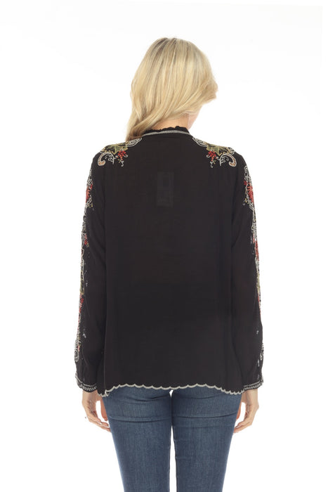 Johnny Was Black selling Floral Embroidered Long Sleeve Scalloped Button Front Shirt