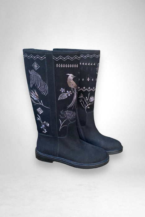 Johnny Was Style JWS8622 Black Watipaso Tall Leather Embroidered Boots Boho Chic