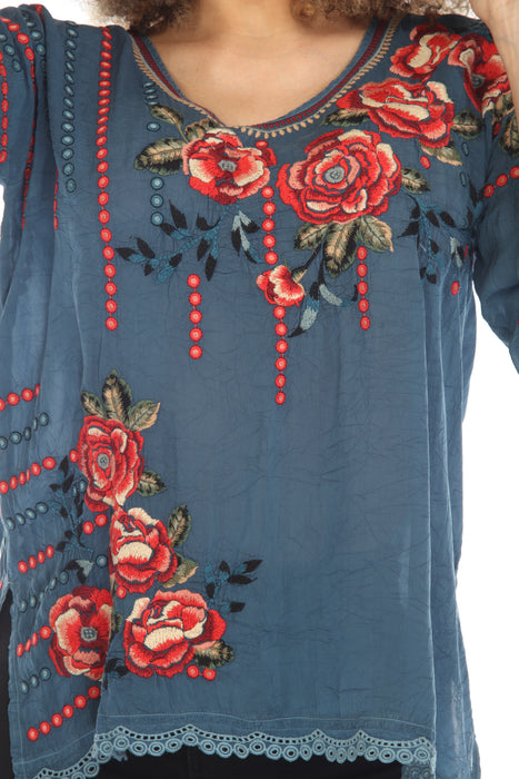 Johnny Was Blue Giovanna Embroidered 3/4 Sleeve Blouse Boho Chic C18923