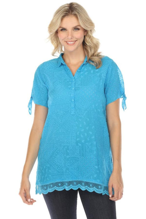 Johnny Was Style C20924 Blue Lagoon Harmonee Rahwa Embroidered Tunic Top Boho Chic