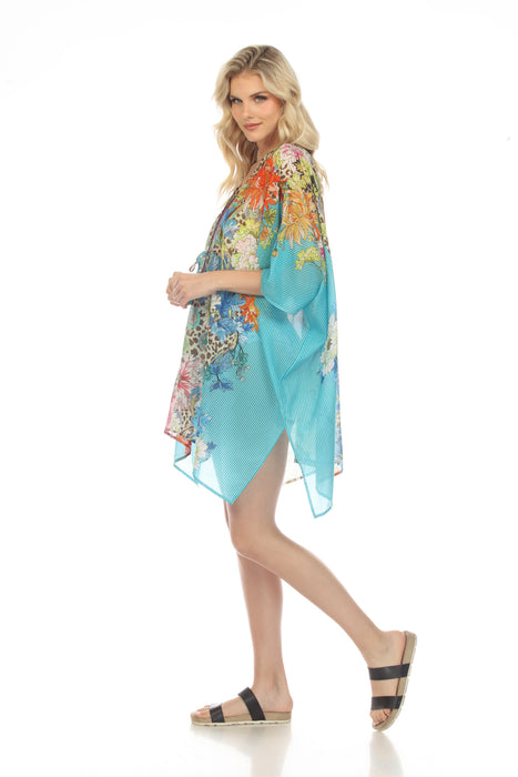 Johnny Was Blue Leopard Floral Short Swim Cover-Up Kimono Boho Chic CSW3822AH NEW