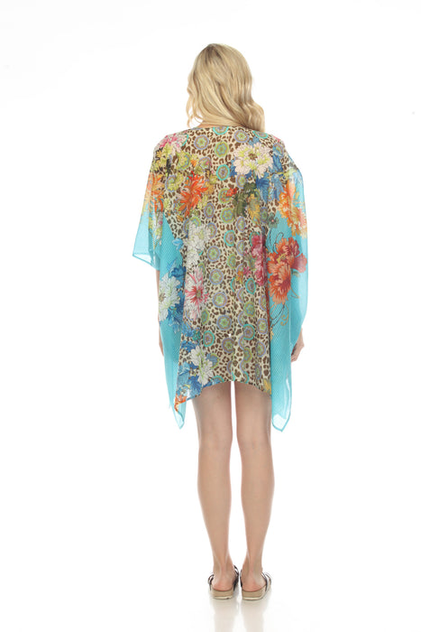 Johnny Was Blue Leopard Floral Short Swim Cover-Up Kimono Boho Chic CSW3822AH NEW