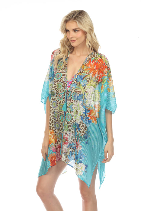 Johnny Was Blue Leopard Floral Short Swim Cover-Up Kimono Boho Chic CSW3822AH NEW