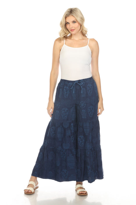 Johnny Was Style C63924 Blue Night Embroidered Pull On Tiered Wide Leg Pants Boho Chic