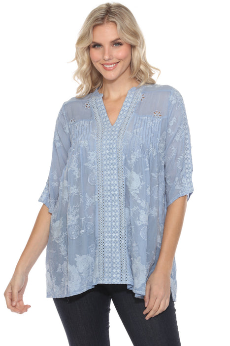 Johnny Was Style C29624 Blue Tili Ryder Embroidered Tunic Top