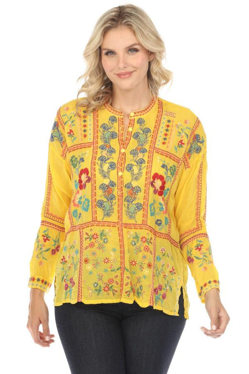 Johnny Was Style C11124 Bogota Embroidered Henley Blouse Boho Chic