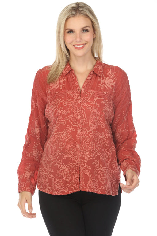 Johnny Was Style C16323 Brick Goddess Button-Down Embroidered Shirt Boho Chic