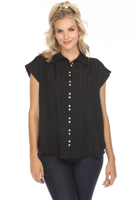 Johnny Was Calme Style O21055 Black Button-Down Tunic Top with Shoulder Shirring Boho Chic