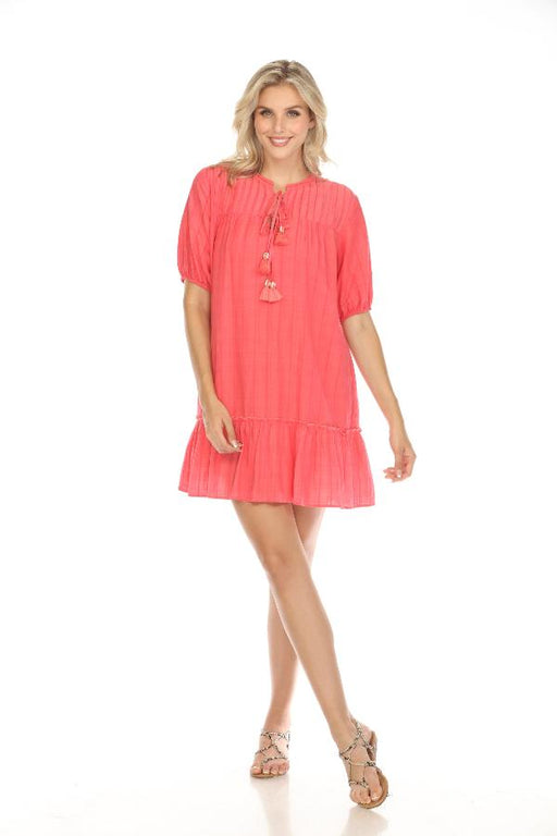 Johnny Was Calme Style O31111 Calypso Coral Pleated Yoke Puff Sleeve Mini Dress Boho Chic