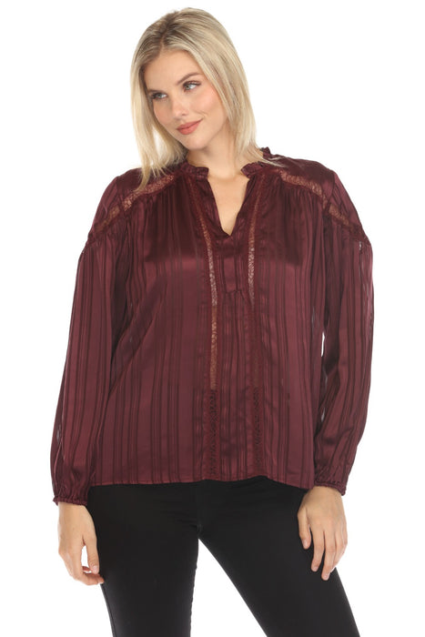 Johnny Was Calme Style O21062-O Fig Striped V-Neck Peasant Top