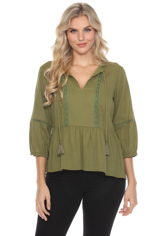 Johnny Was Calme Style O21057 Green Hi-Low Tier Hem Top