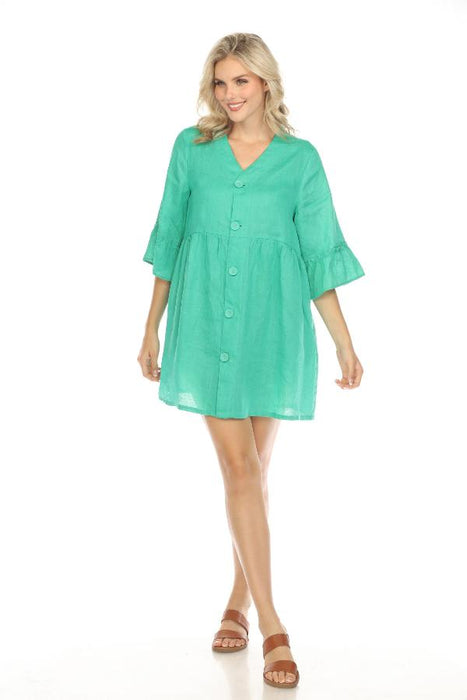 Johnny Was Calme Style O31112 Green Linen Button-Down Mini Dress