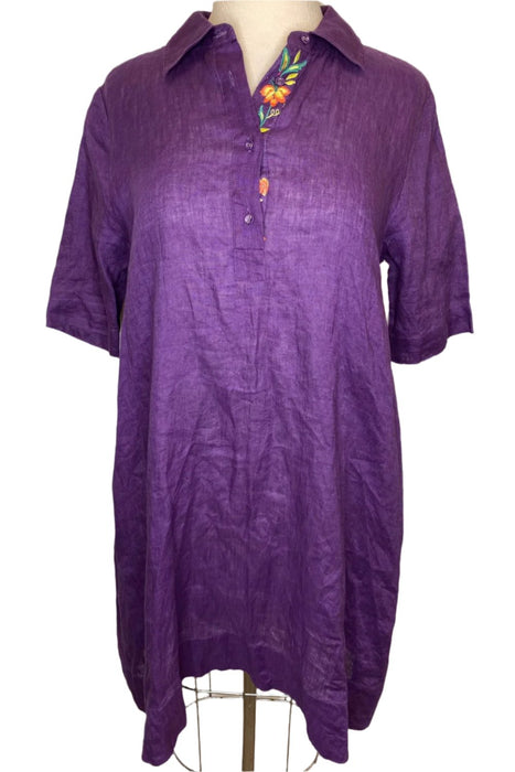 Johnny Was Calme Style O31087 Imperial Purple Linen Short Sleeve Polo Dress Boho Chic