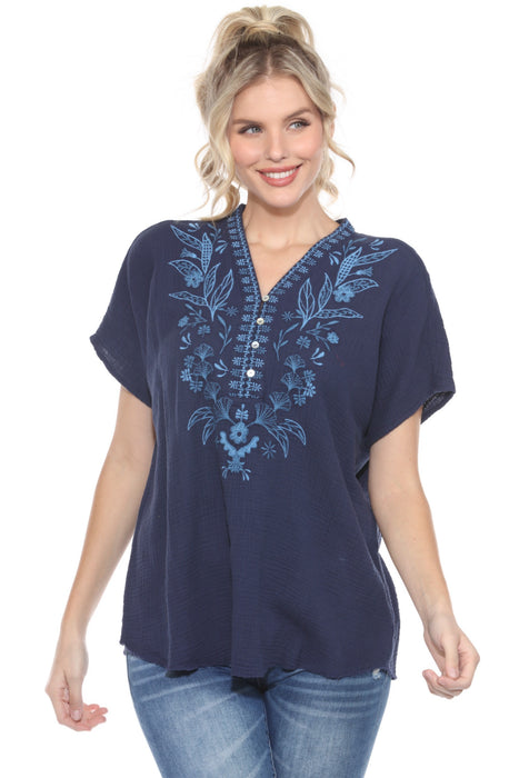 Johnny Was Calme Style O21070 Navy Gauze Embroidered Poncho Top