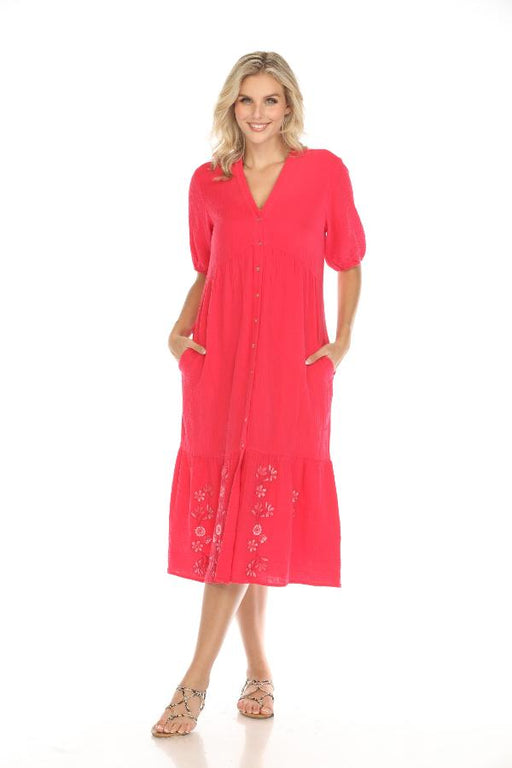 Johnny Was Calme Style O31114 Pink Puff Sleeve Tiered Midi Dress Boho Chic