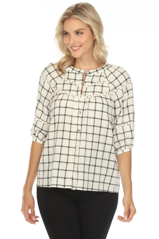 Johnny Was Calme Style O21053 Plaid Raglan Sleeve Button-Down Top Boho Chic