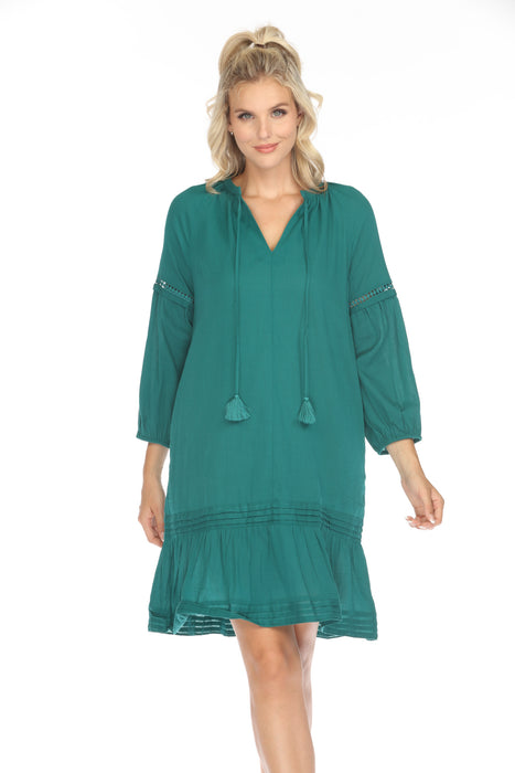 Johnny Was Calme Style O31117 Quetzal Green Split Neck Pintuck Dress Boho Chic