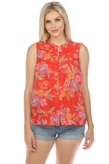 Johnny Was Calme Style R11524 Red Mandarin Collar Floral Tank Top Boho Chic