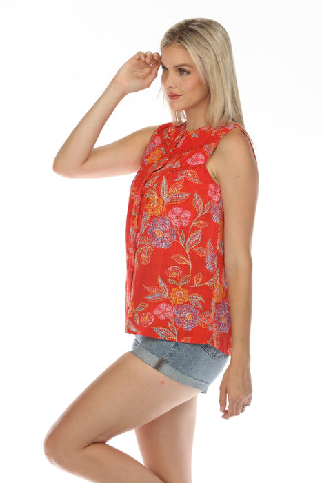 Johnny Was Calme Red Mandarin Collar Tank Top Boho Chic R11524