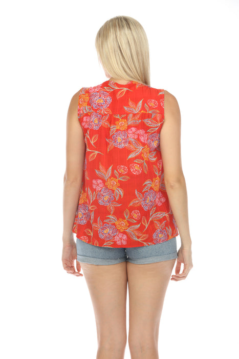 Johnny Was Calme Red Mandarin Collar Tank Top Boho Chic R11524