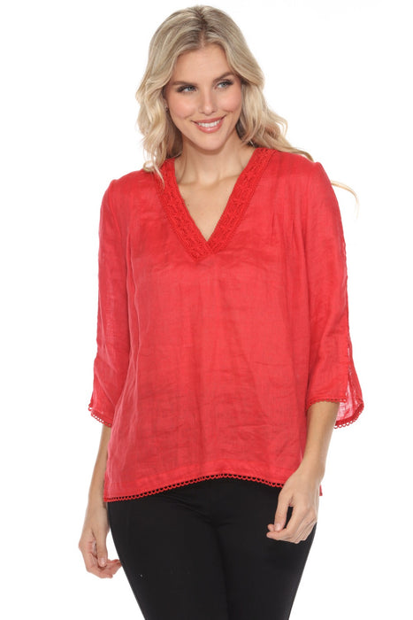 Johnny Was Calme Style O21050 Red Split V-Neck 3/4 Sleeve Top