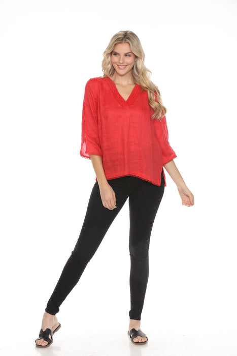 Johnny Was Calme Red Split V-Neck Top O21050