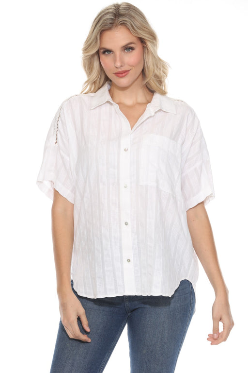 Johnny Was Calme Style O21032 White Striped Button-Down Shirt