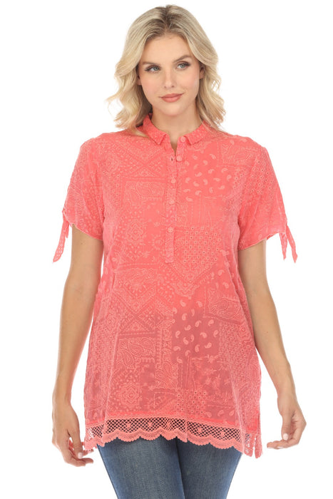 Johnny Was Style C20924 Calypso Coral Harmonee Rahwa Embroidered Tunic Top Boho Chic