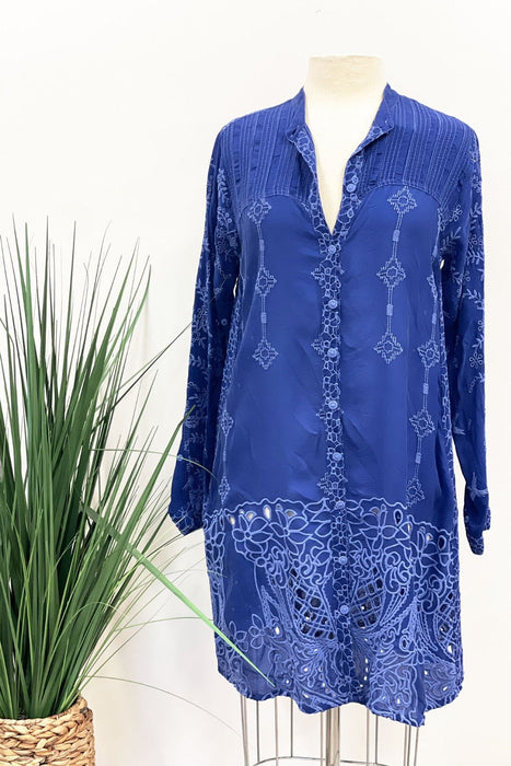 Johnny Was Style C25223 Dark Blue Xander Pamina Eyelet Embroidered Tunic Dress Boho Chic