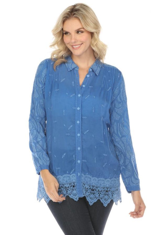 Johnny Was Style C28523-E Blue Deni Sana Button-Down Embroidered Tunic Top Boho Chic