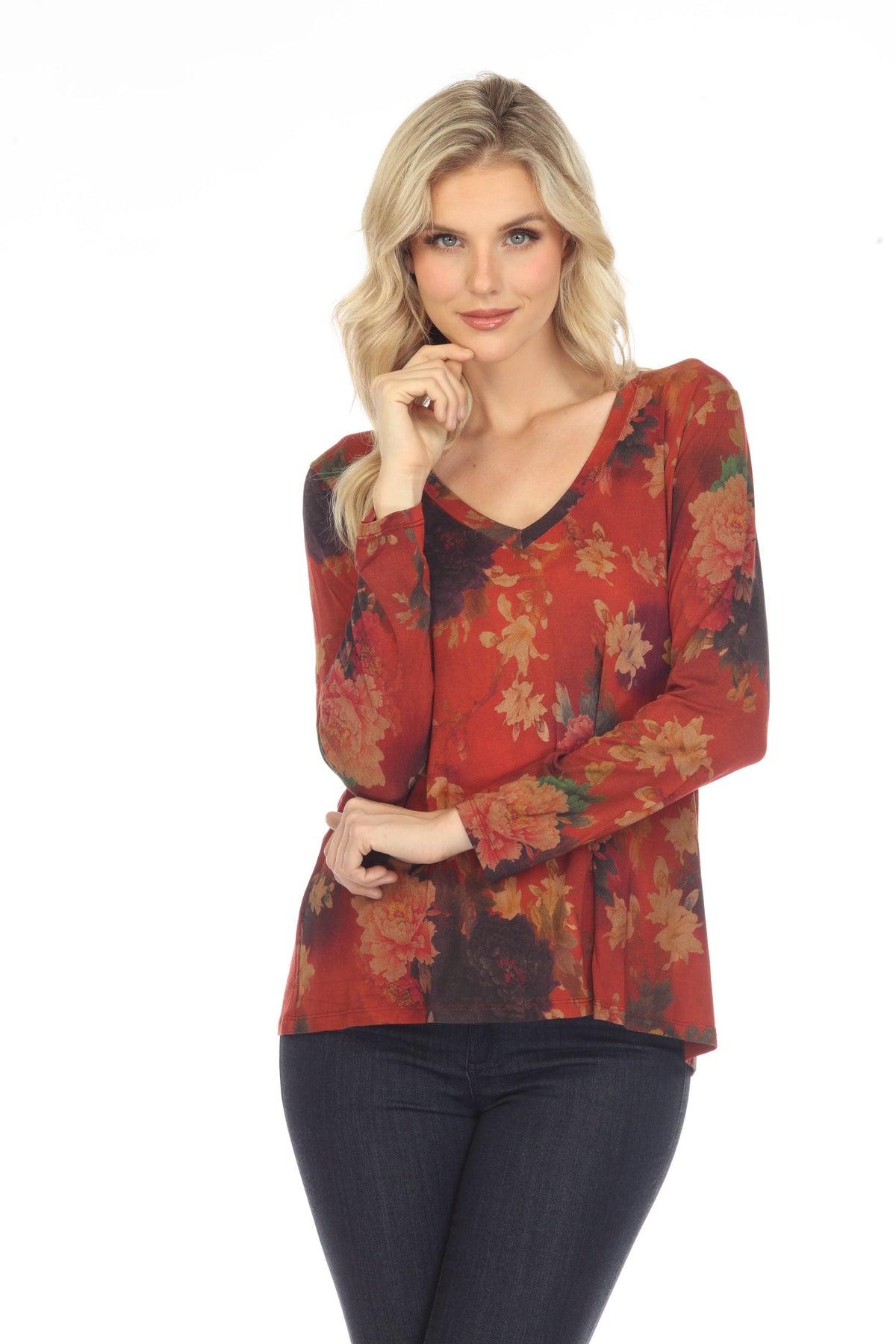 Johnny Was Embers Floral Favorite Long Sleeve V-Neck Swing Tee Plus Size  R13922-EX