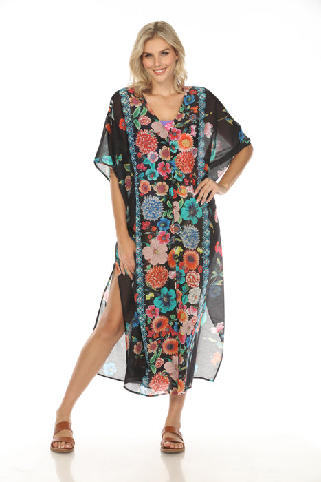 Johnny Was Style CSW5223-N Evening Palace V-Neck Swim Cover-Up Kaftan Dress Boho Chic