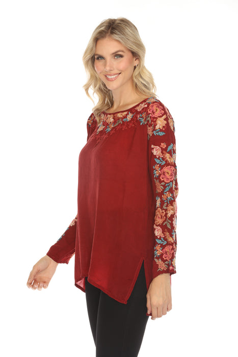 Johnny Was Red Floral Embroidered Tunic Top JW5678