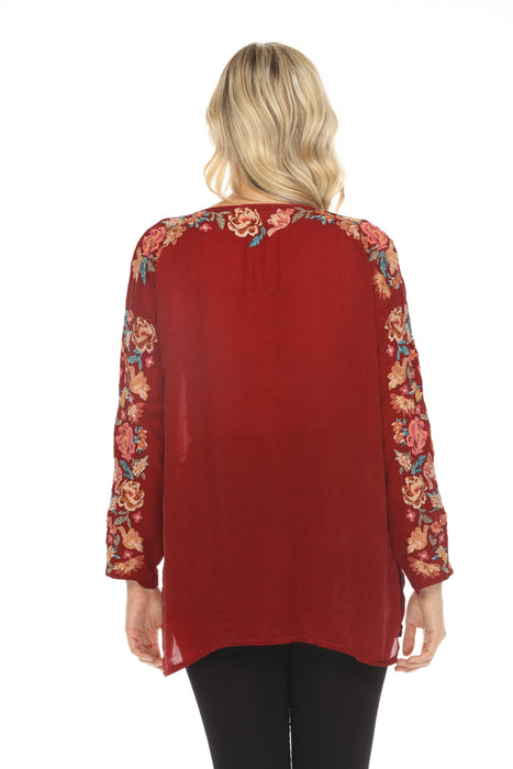 Johnny Was Red Floral Embroidered Tunic Top JW5678