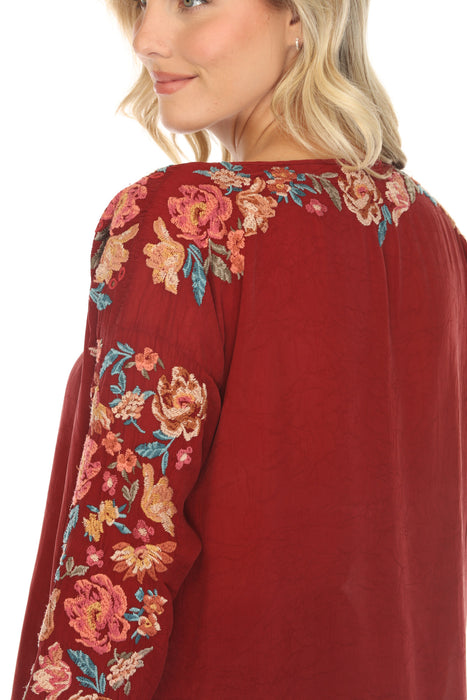 Johnny Was Red Floral Embroidered Tunic Top JW5678