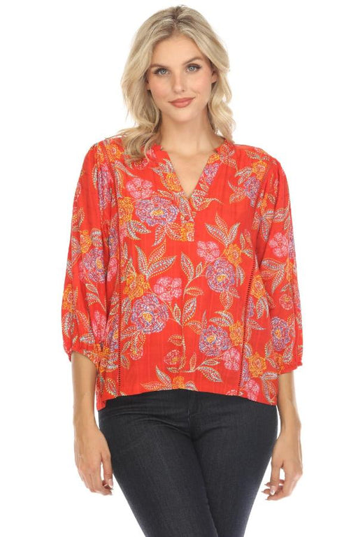 Johnny Was Style R11324 Floral Print 3/4 Sleeve V-Neck Top Boho Chic