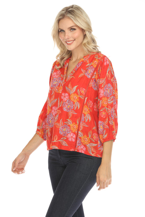 Johnny Was Floral Print 3/4 Sleeve V-Neck Top R11324 Boho Chic