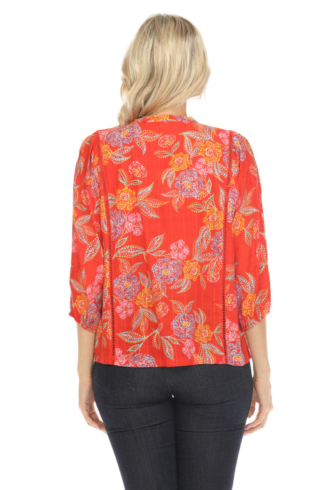 Johnny Was Floral Print 3/4 Sleeve V-Neck Top R11324 Boho Chic