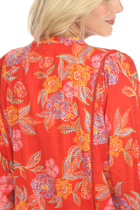 Johnny Was Floral Print 3/4 Sleeve V-Neck Top R11324 Boho Chic