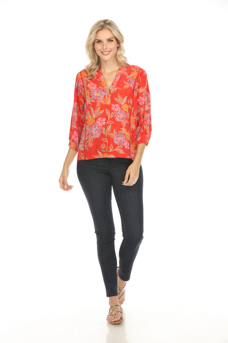 Johnny Was Floral Print 3/4 Sleeve V-Neck Top R11324 Boho Chic