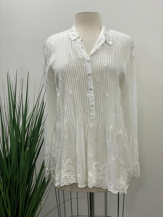 Johnny Was Style C19323 White Flower Zoya Pintuck Embroidered Long Sleeve Blouse Boho Chic