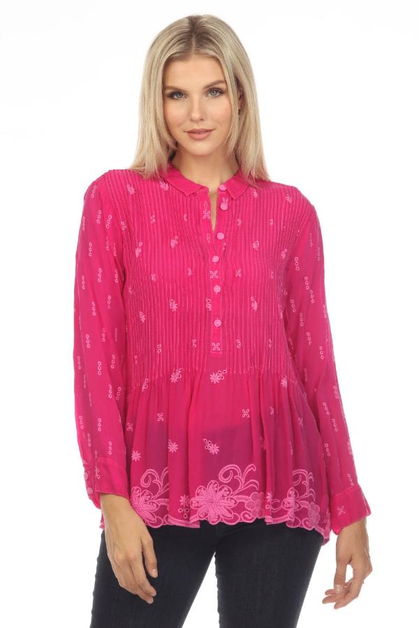 Johnny Was Black selling Floral Embroidered Long Sleeve Scalloped Button Front Shirt