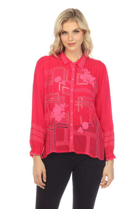 Johnny Was Style C18322 Fuchsia Calvin Cutout Embroidered Long Sleeve Blouse Boho Chic