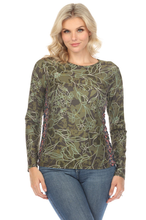 Johnny Was Style A3123 Green Bee Active Hirz Camo Ruched Long Sleeve Top