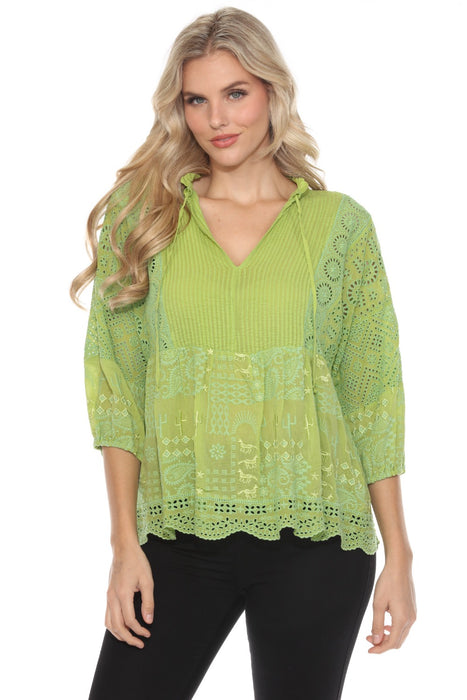 Johnny Was Style C19024 Green Katrine Paisley Embroidered Puff Sleeve Blouse