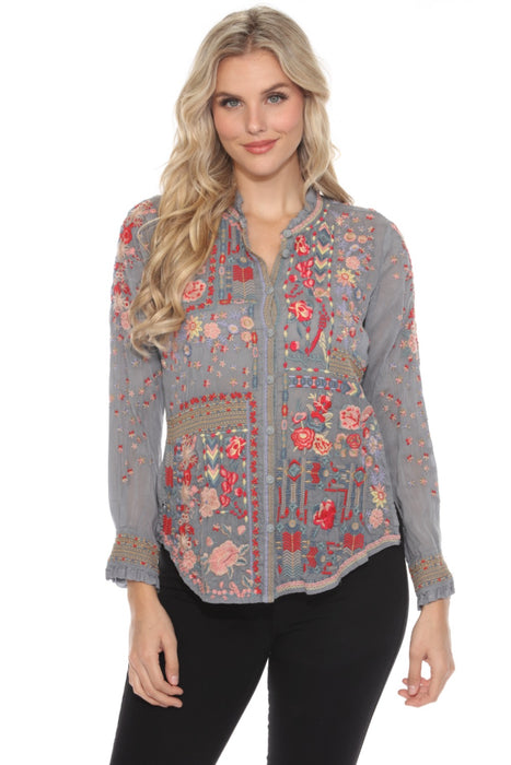 Johnny Was Style JW01 Grey Embroidered Button-Down Long Sleeve Blouse